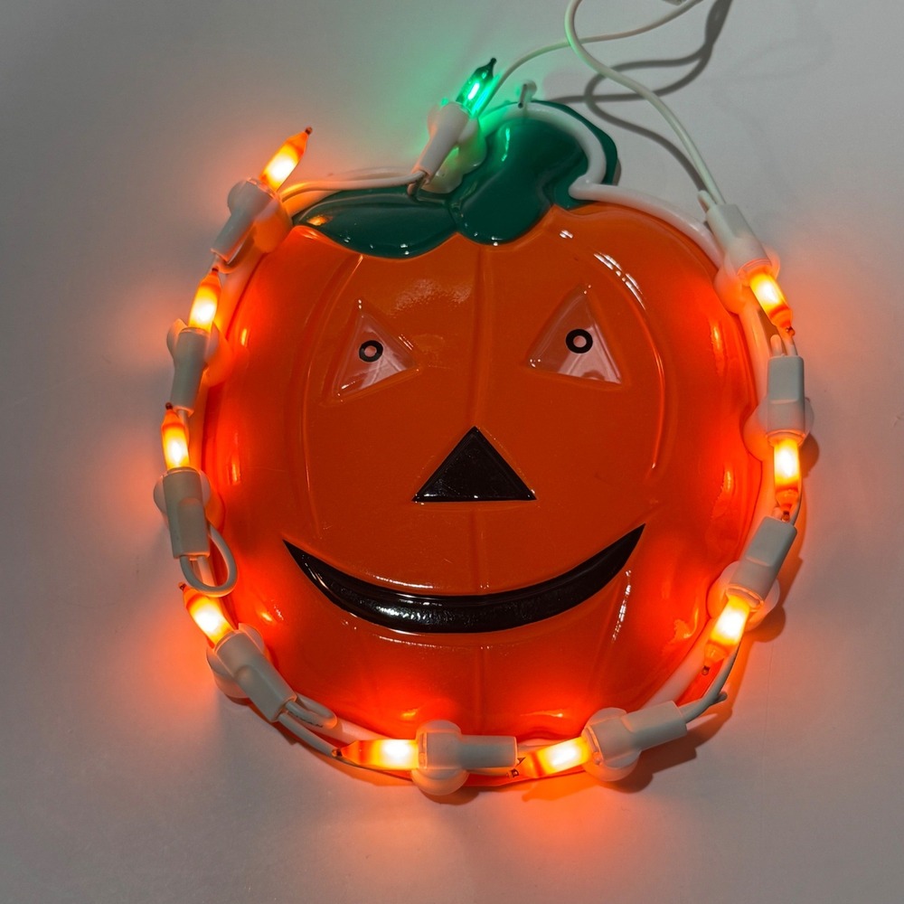 Vintage 80s Halloween Lighted Pumpkin Jack-O-Lantern Window Hanger Orange Green